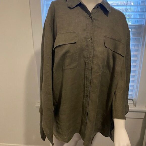 Lauren Ralp Lauren Linen Green button handkerchief sleeves, size 3X - Picture 1 of 4